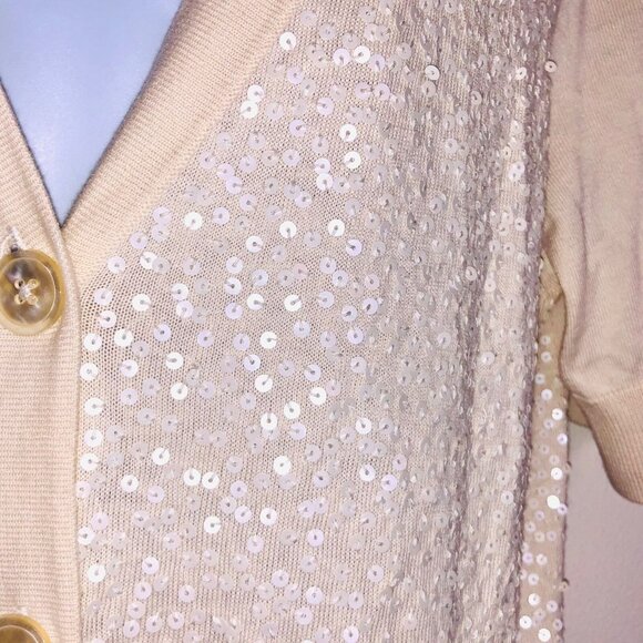 Talbots Knit Top Womens XL Sweater Beige Short Sleeve Cardigan V Neck Sequins - Picture 2 of 7